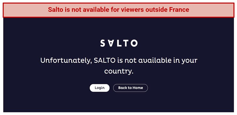 A screenshot of an error message when trying to access Salto outside of France