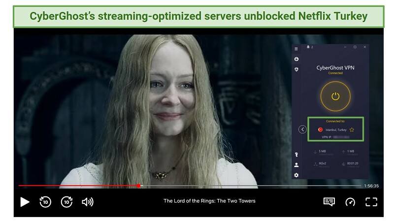 A screenshot showing The Two Towers playing on Netflix while connected to CyberGhost's streaming-optimized Netflix Turkey server
