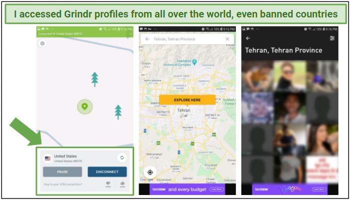 Graphic showing how connecting to a US server allowed access to Grindr profiles in Iran