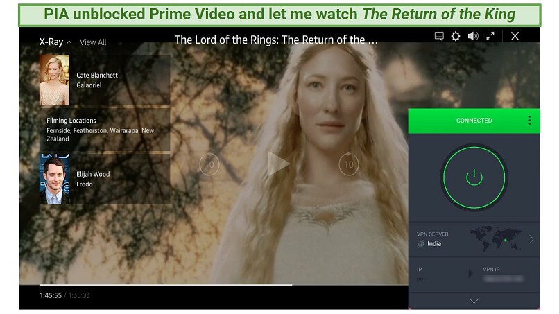 A screenshot of The Return of the King playing on Amazon Prime Video while connected to PIA's virtual Indian server location
