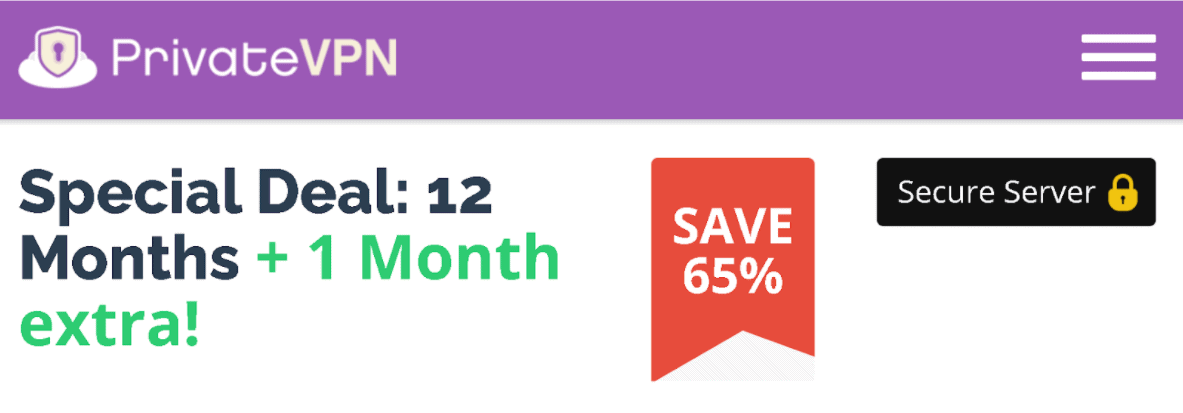 Screenshot of PrivateVPN's Black Friday/Cyber Monday deal for a 12-month free subscription.