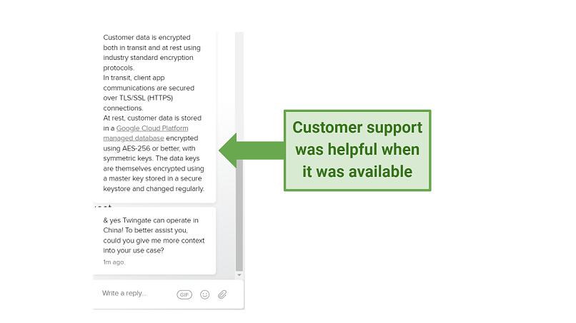 Screenshot showing Twingate chat support