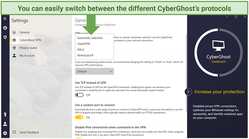 A screenshot showing CyberGhost's security protocol options