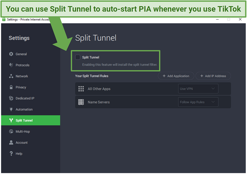A screenshot of how to find PIA's split tunneling feature within the Windows app