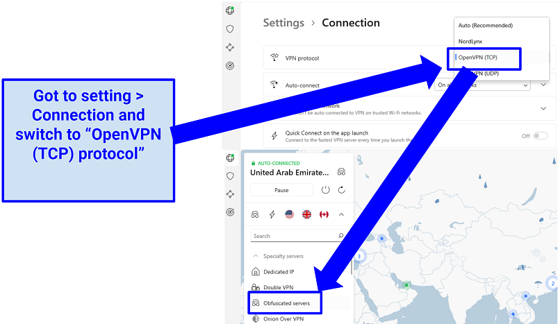 A screenshot of the processes of activating NordVPN's Obfuscated servers.