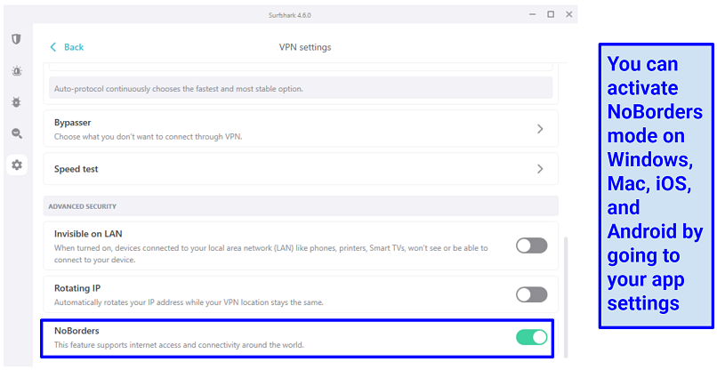 A screenshot showing the process of activating Surfshark's NoBorders Mode.