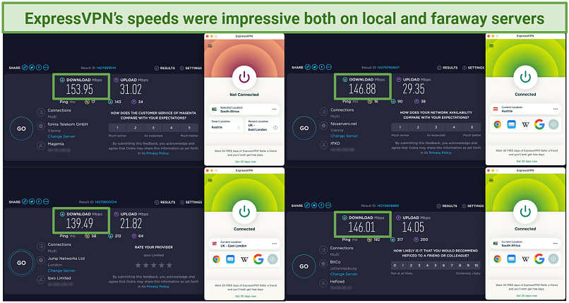 A screenshot of speed test results using ExpressVPN's servers in Austria, the UK, and South Africa