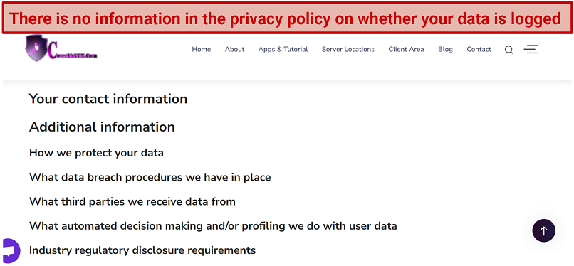 A snapshot showing CoverMeVPN incomplete privacy policy
