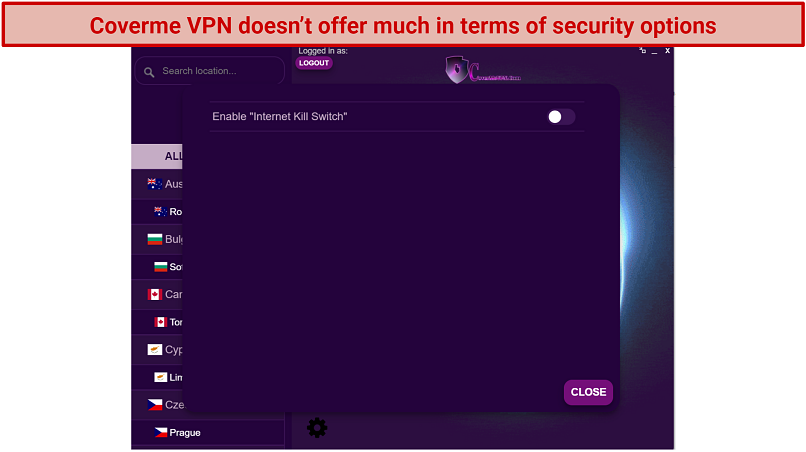 A screenshot of Coverme VPN's settings on Windows, which only give you 1 option