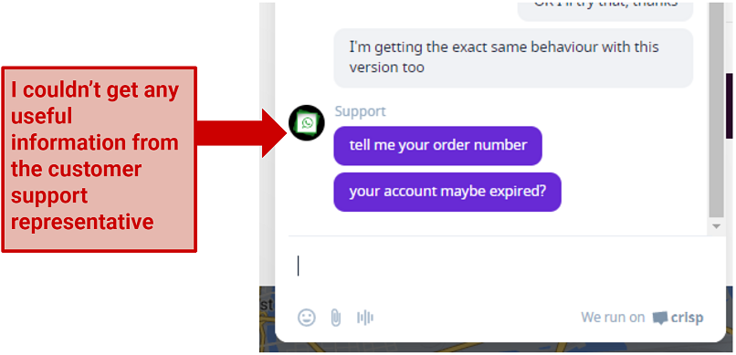 A snapshot of a chat with CoverMeVPN customer support agent