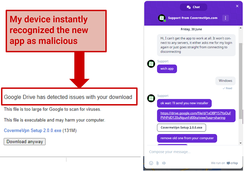 A screenshot showing the warning I received when I tried installing a file received from CoverMeVPN customer representative
