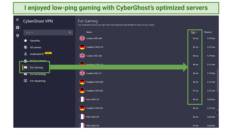 A screenshot showing some of CyberGhost's gaming-optimized servers