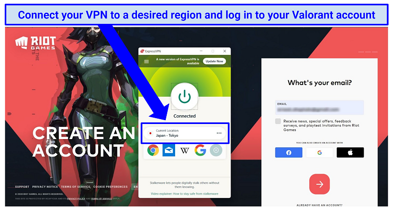 Screenshot of ExpressVPN app and Valorant log-in page