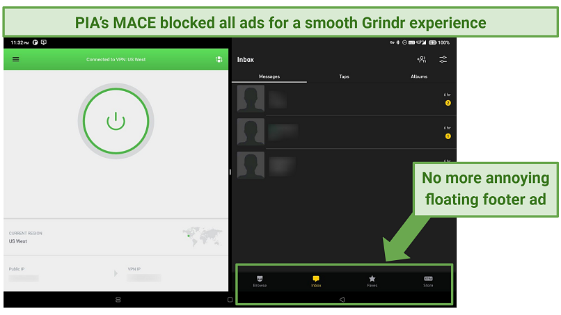 Screenshot of Private Internet Access and Grindr app on Android
