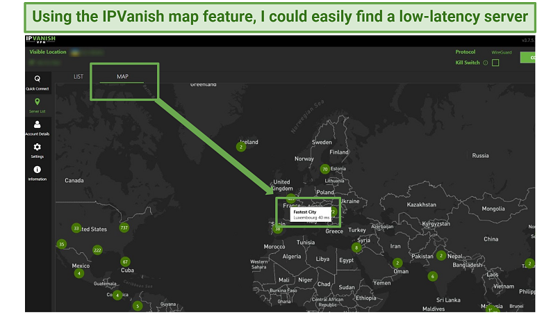 A screenshot of the IPVanish user interface showing the sorting feature
