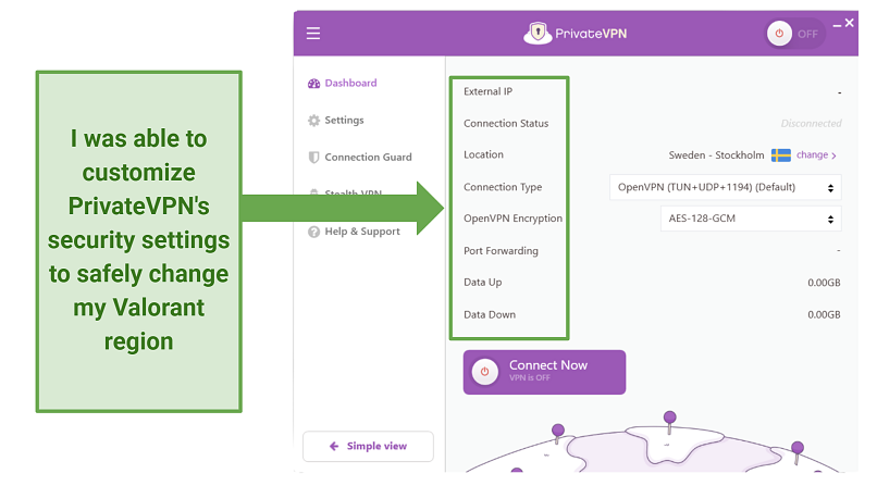 A screenshot of PrivateVPN's advanced settings screen on its Windows app