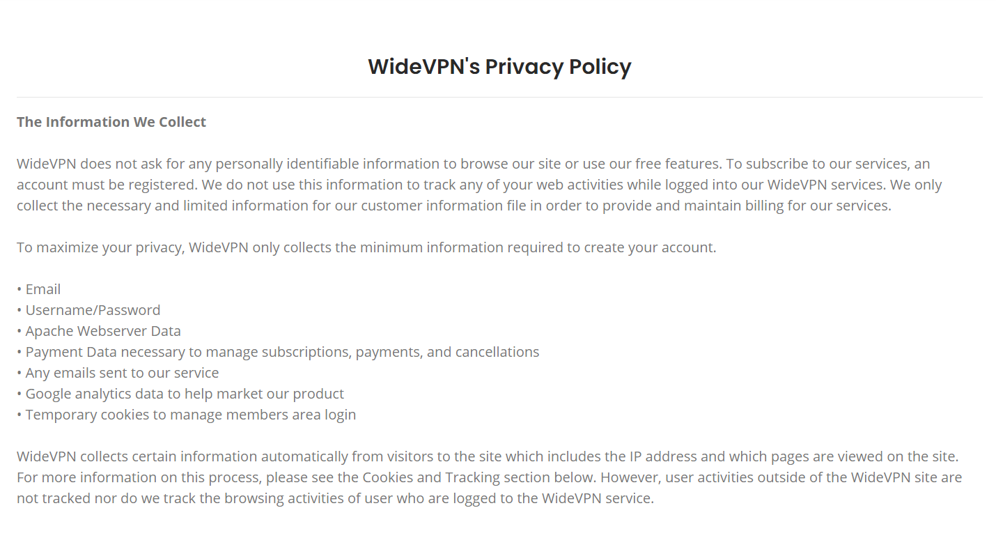 WideVPN Privacy Policy