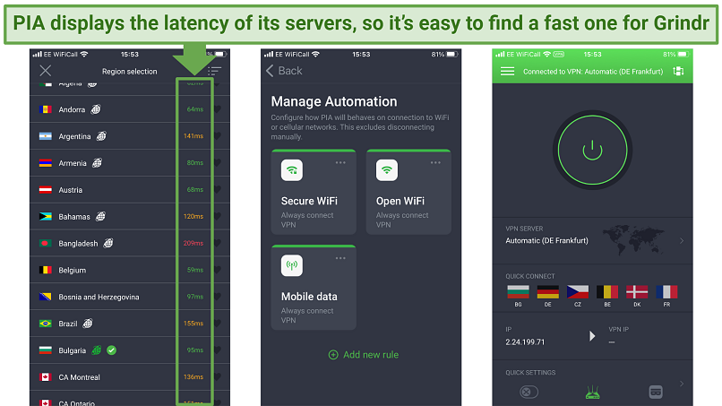 Screenshots showing the server list and Manage Automation screens on the PIA app