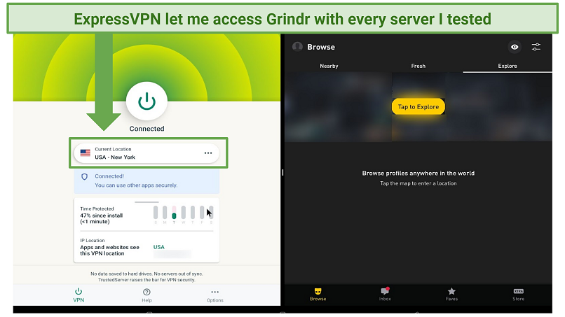 Screenshot of ExpressVPN accessing Grindr on Android