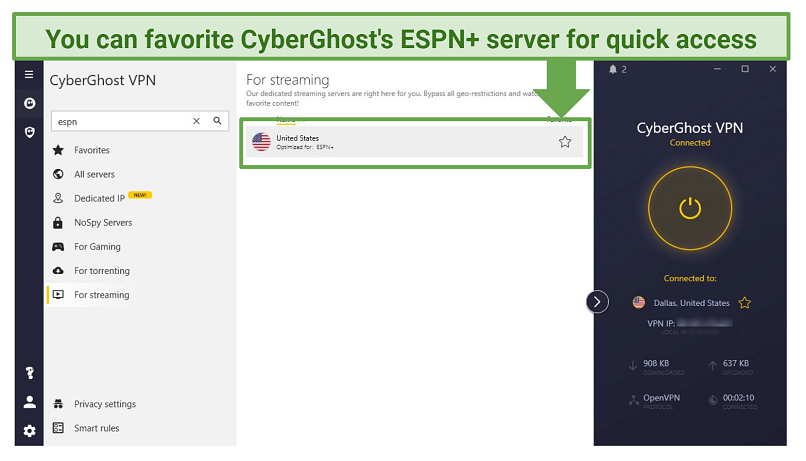 Screenshot of CyberGhost's interface showing its US ESPN-optimized server
