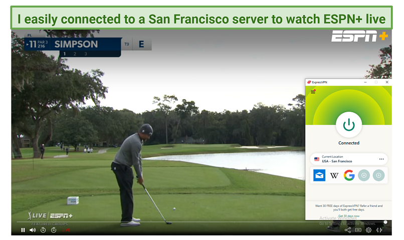Screenshot showing the RMS Classic playing live on ESPN+ with ExpressVPN connected