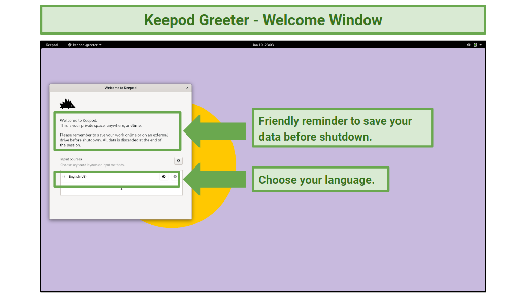 A screenshot of the initial welcome to Keepod after the OS loads.