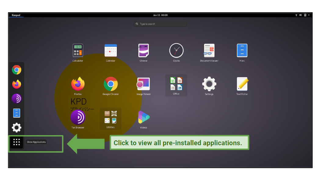 A screenshot of the pre-installed apps on Keepod.
