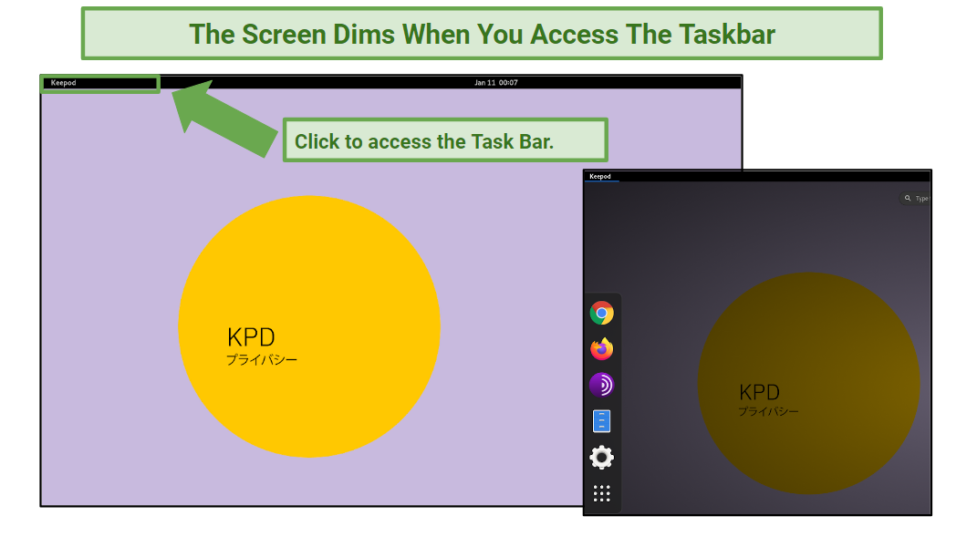 The Taskbar gives you access to all the applications installed on the Keepod.
