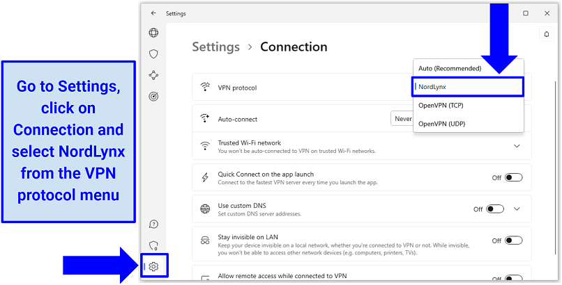 Screenshot of NordVPN's interface showing how to switch to its proprietary NordLynx protocol