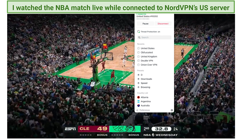 A screenshot of streaming the NBA match Celtics vs Cavs on ESPN using NordVPN's US server
