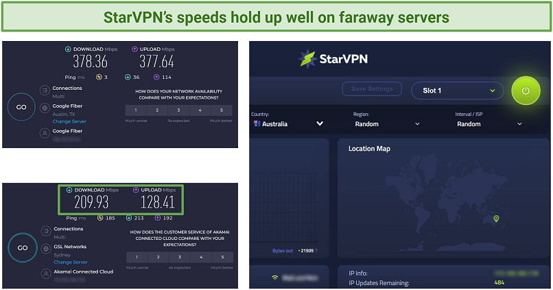 Screenshot of Ookla speed tests done with no VPN connected and while connected to StarVPN's Australia server