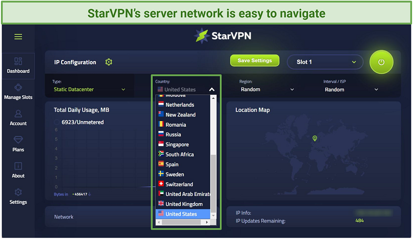 Screenshot of StarVPN's Windows app highlighting the server network