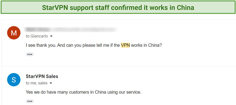 Screenshot of an email conversation with StarVPN support staff where they confirm it works in China