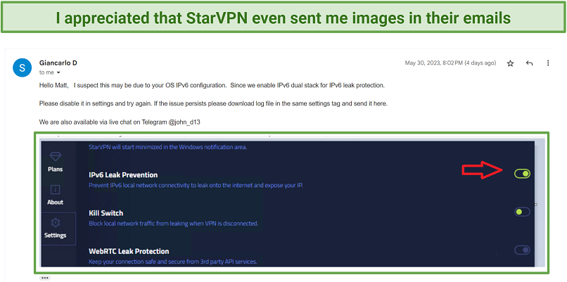 Screenshot of an email from StarVPN support where they told me to turn off IPv6 Leak Protection to connect