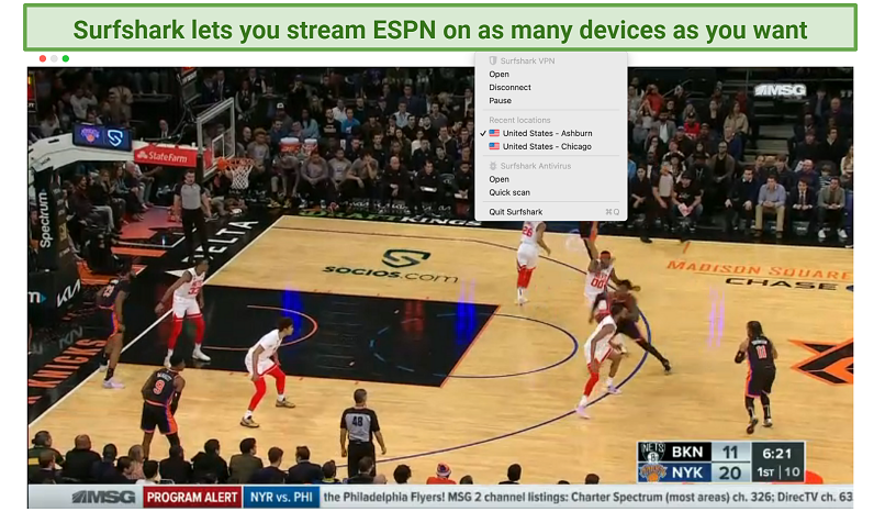 Screenshot of streaming NBA match New York Knicks vs Brooklyn Nets on ESPN using Surfshark's US server