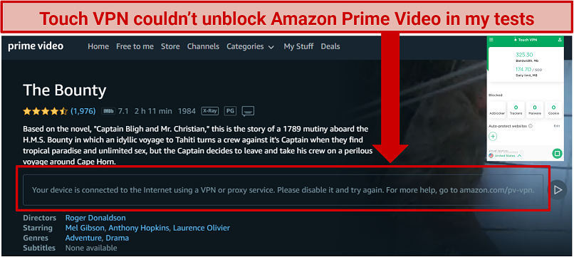 A screenshot showing Touch VPN can't unblock APV