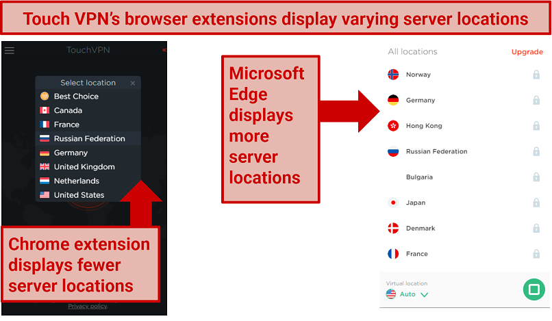 A screenshot showing Touch VPN doesn't consistently display the same server locations
