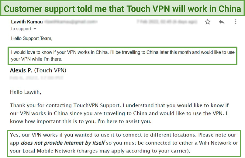 A screenshot confirming Touch VPN works in China