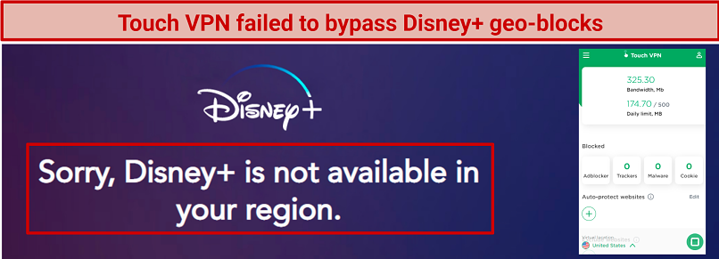 A screen of Touch VPN failing to get past Disney+ geo-restrictions
