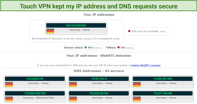 screenshot of TouchVPN's ip/dns leak test result