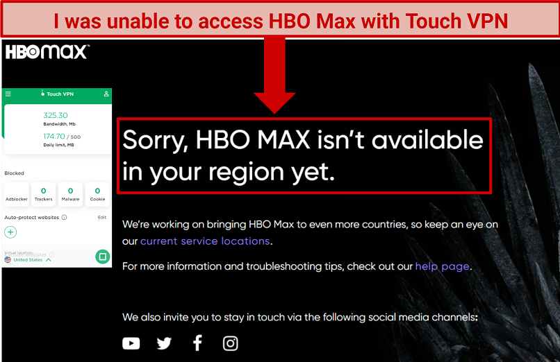 A screenshot of Touch VPN failing to get past HBO Max blocks