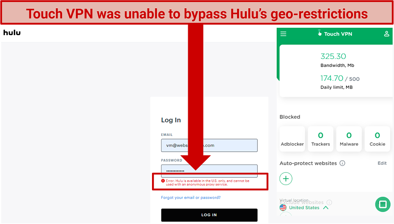 A screenshot of Touch VPN failing to unblock Hulu