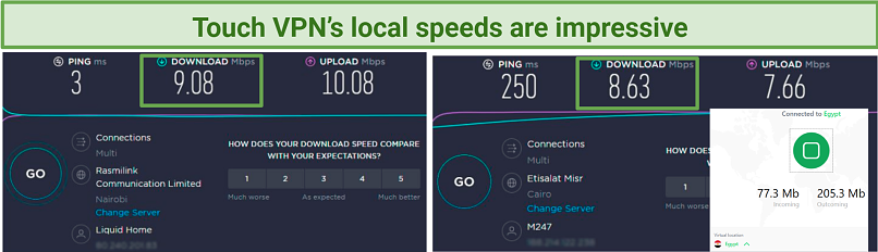 A screenshot showing Touch VPN's local speeds are fast
