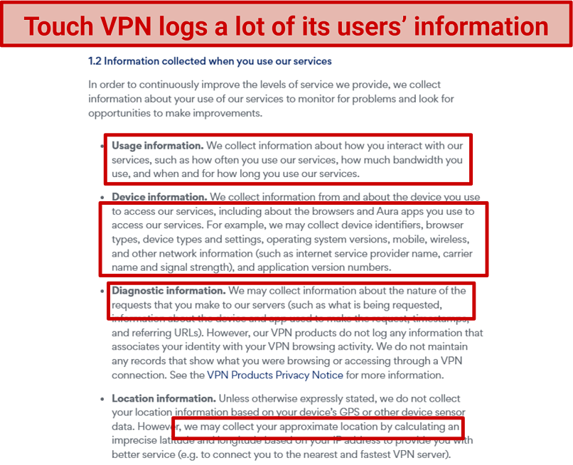 A screenshot showing Touch VPN logs a lot of its user data.