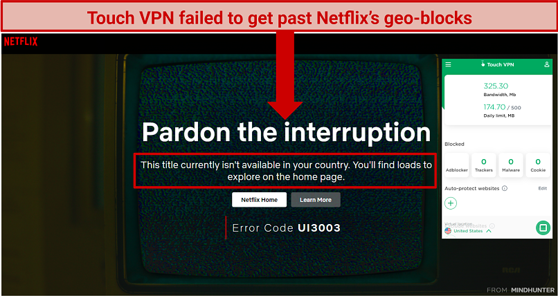 A screenshot of Touch VPN failing to unblock Netflix