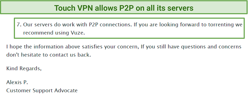 A screenshot showing Touch VPN's servers support P2P connections