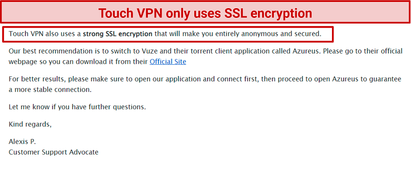A screenshot showing Touch VPN uses SSL encryption, instead of AES