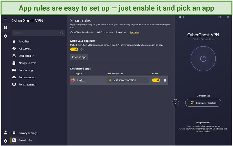 Screenshot of the CyberGhost app with the Smart rules panel open.