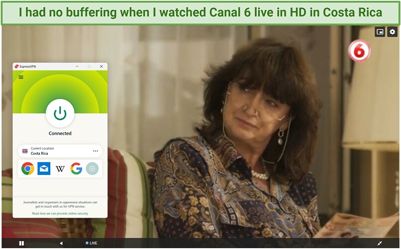 Screenshot of streaming Canal 6 on Repretel within Costa Rica while connected to ExpressVPN's Costa Rica server.