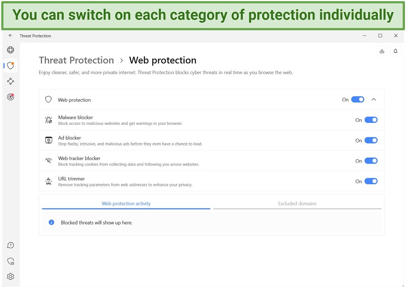 Screenshot of NordVPN's Threat protection with additional options under Web protection.